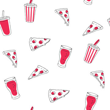 Vector seamless pattern with hand drawn pizza and drinks isolated on white. Endless texture with fast food in sketch style.