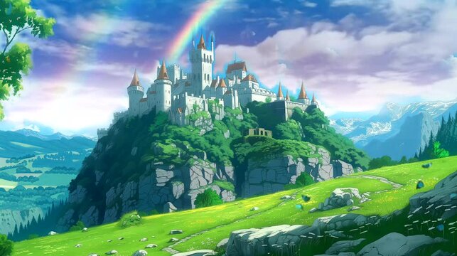 A castle on a hill surrounded by rolling meadows with rainbow. Fantasy landscape anime or cartoon style, seamless looping 4k time-lapse virtual video animation background