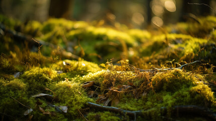 background of green mosses growing on the forest floor