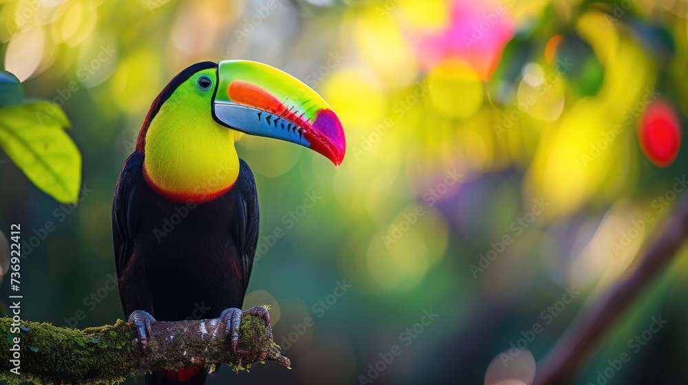 Poster a colorful toucan perched on a tree branch in a tropical forest with bright colored leaves in the ba