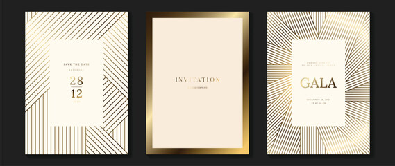 Luxury invitation card background vector. Golden elegant wavy gold line pattern on light background. Premium design illustration for wedding and vip cover template, grand opening. - obrazy, fototapety, plakaty
