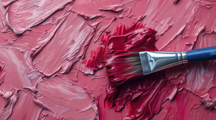 a close up of a paintbrush on a red paint palette with red and pink streaks of paint on it.