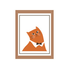 Vector portrait of funny ginger cat in a bow tie isolated on a white background. A painting of domestic animal in a frame. Cute cartoon pet.