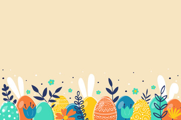 Fototapeta na wymiar Cute Easter pattern design. Background with ornate eggs, rabbits and flowers. Vector illustration