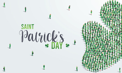 Happy Saint Patricks Day Greeting Card Design. A large group of people forms to create green clovers leaf. 17th of March celebration background. Vector Illustration.