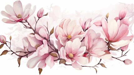 An artistic illustration featuring delicate pink magnolia flowers in bloom
