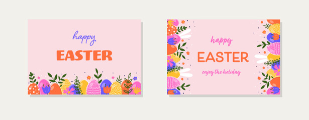 Modern Easter greeting cards set. Colourful background with hand painted eggs, bunnies and flowers. Vector illustration