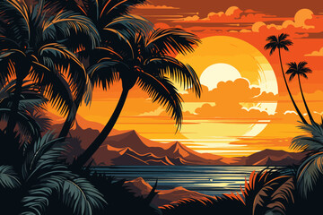Fototapeta na wymiar a painting of a tropical sunset with palm trees