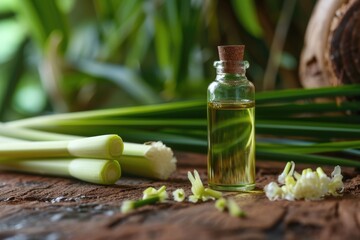 Lemongrass essential oil on wooden surface
