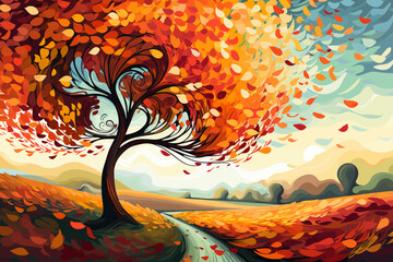 a painting of a colorful tree with a road going through it
