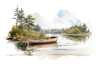a watercolor painting of a boat on a lake