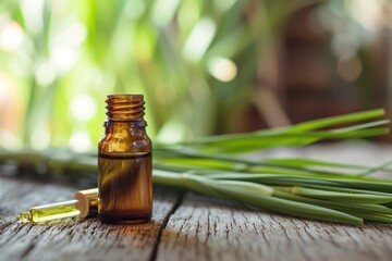 Lemongrass essential oil on wooden surface