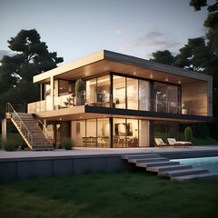 3d rendering of modern cozy house with pool and parking for sale or rent with wood plank facade.