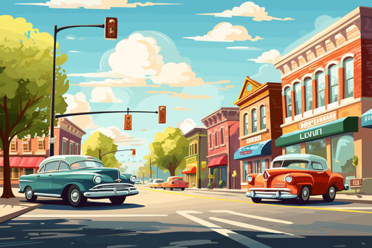 a painting of a city street with old cars