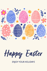 Colourful Easter background. Concept of a greeting card with painted egg decoration and flowers. Vector illustration