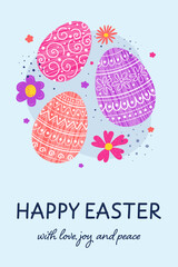 Colourful Easter greeting card. Concept of Easter background with ornate eggs and flowers. Vector illustration