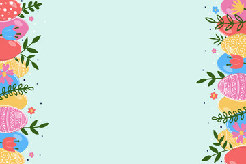 Easter background with ornate eggs and flowers. Layout of a card, poster and invitation. Vector illustration