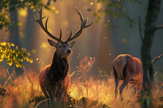 
A majestic deer stands tall in the sun-drenched forest, its large antlers gleaming in the golden light against a backdrop of lush trees and tall grass. This scene of wildlife in nature captures the e