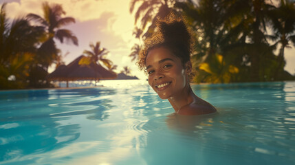 young adult woman on tropical island by the sea, swimming in the swimming pool of the hotel or villa, good mood smiling, vacation and leisure in the day, fun and joy