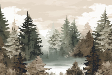 a painting of a lake surrounded by trees - obrazy, fototapety, plakaty