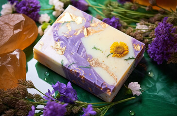 Naklejka na ściany i meble a soap bar with a yellow flower on it next to some flowers and crystals on a green surface with gold flakes, generative ai