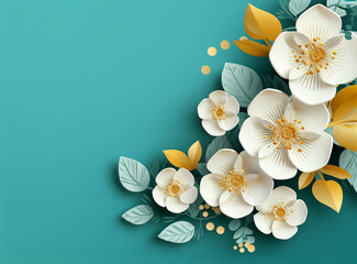 a paper flower arrangement on a teal background with gold leaves and flowers on the side of the paper, generative ai