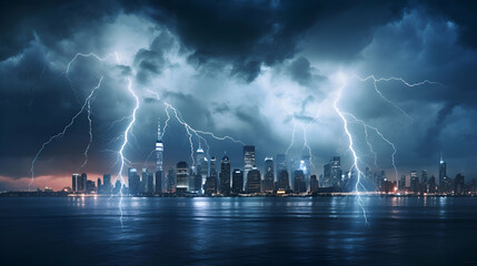 Lightning strike over the cityscape at night. 3D rendering - obrazy, fototapety, plakaty