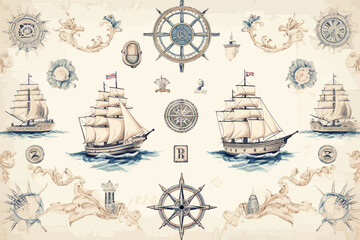 a drawing of a set of ships and compasses - obrazy, fototapety, plakaty
