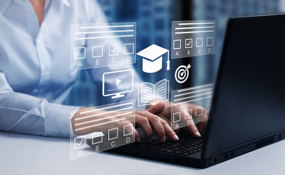  E-learning, education, online exam concept.Choose correct answer. Education internet online digital technology concept.