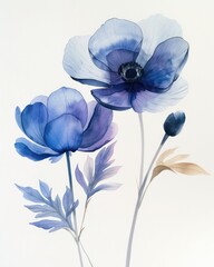 A Painting of Three Blue Flowers on a White Background
