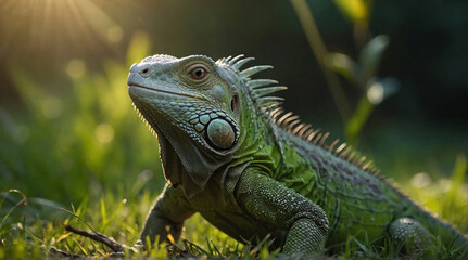 Fototapeta premium An adult green iguana is sunbathing in the grass on a sunny morning