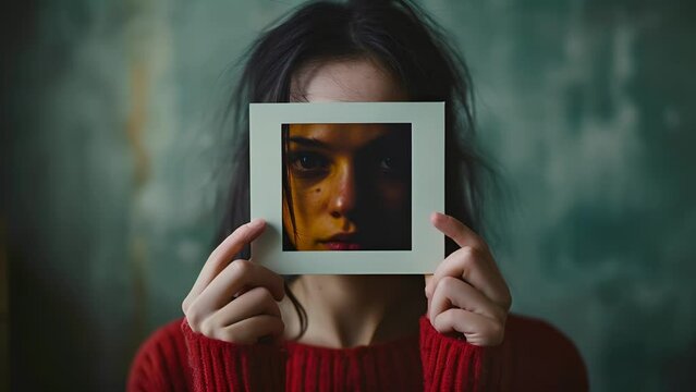A person holds up a photo of themselves from years ago remembering when they were able to see themselves without the distorted lens of body dysmorphia, female Holding Picture of Herself
