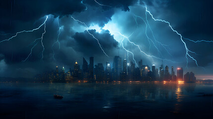 Fototapeta premium Thunderstorm over the city at night. 3d rendering toned image