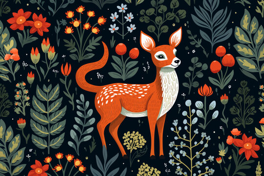 a painting of a deer surrounded by flowers