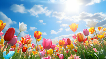 Tulip flowers in the field with blue sky and clouds background