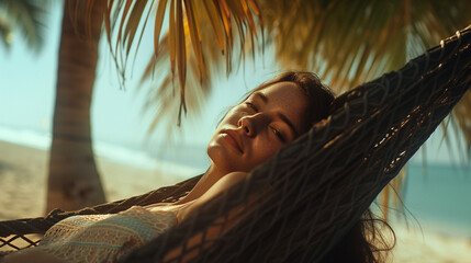 attractive adult woman, age 20 to 30, cacuasian, sleeping on the sandy beach, lying in the hammock between palm trees, relaxation and peace, tropical island life, fictional location