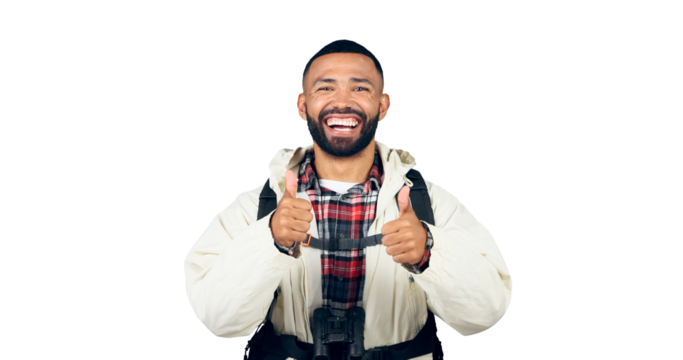 Thumbs up sign, smile portrait or man on hiking trip for vacation or excited for travel adventure. Face, model and happy for discount deal for backpacking and isolated on a transparent png background - Powered by Adobe