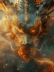 Close Up of Chinese Dragon on Fire Background