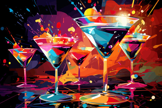 a painting of three martini glasses on a table