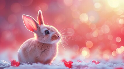 Rabbit Sitting in Snow Surrounded by Hearts