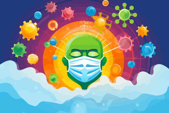 a green man wearing a face mask and surrounded by colorful bubbles