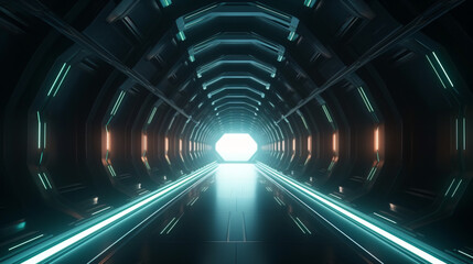 3D rendering of a dark abstract sci-fi tunnel.
