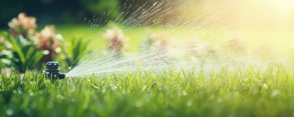 Watering the lawn at green park with sprinkler automatic device. - obrazy, fototapety, plakaty