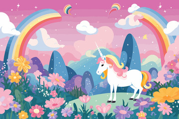 a unicorn standing in a field of flowers