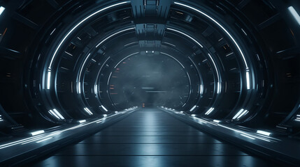 3D rendering of a dark abstract sci-fi tunnel.