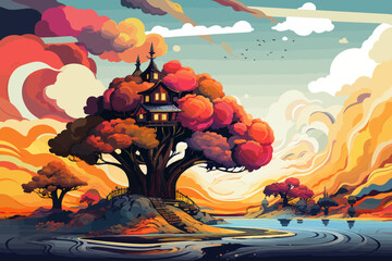 a painting of a tree with a house on it