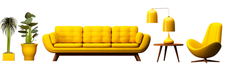 collection of yellow modern furniture items including a sofa, chair, planter, table, lamp isolated on a transparent background for interior design