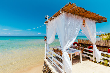 Paradise restaurant on tropical seashore. Zakhyntos, Greece.  - 736927430