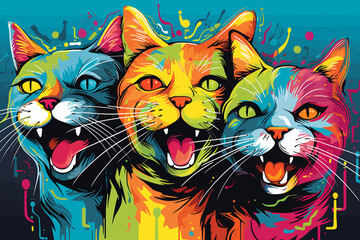 three colorful cats with their mouths open