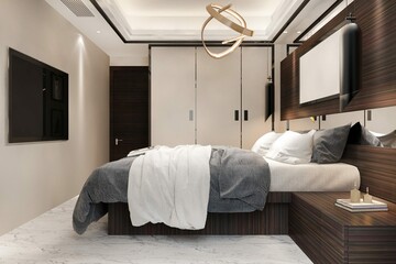 Fototapeta na wymiar 3D Rendering Luxury Modern Bedroom Suite Hotel With TV Cabinet 2